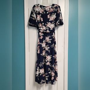 Blue Wrap Around Dress with Floral Pattern - Size 2 XL